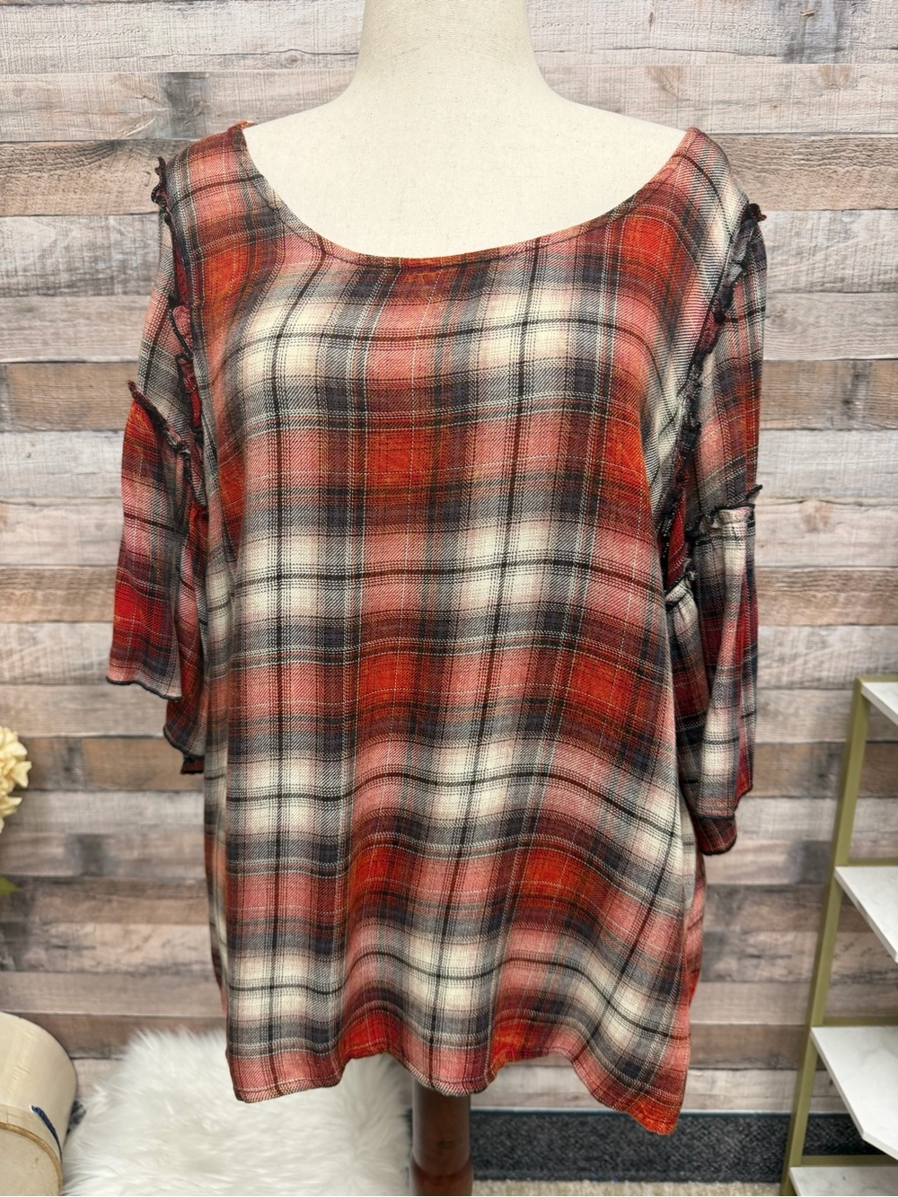Seven7 Red & Black Plaid Flannel w/bell Sleeves